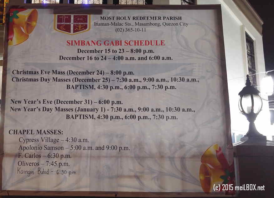 Schedule of Simbang Gabi at the Most Holy Redeemer Parish-St Philomena Shrine [Image by M. Velas-Suarin]