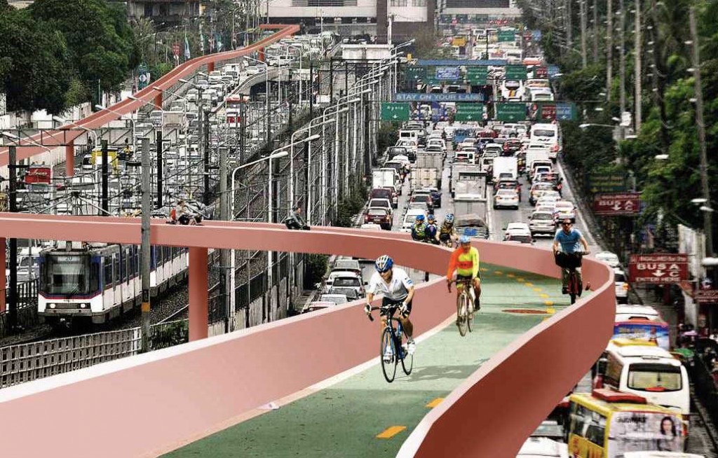 The image of EDSA, used as “backdrop,” is courtesy of Richard Reyes/Philippine Daily Inquirer. The modified version of the same image—where an image of a prospective elevated bike lane is super-imposed—is courtesy of Anders Berensson Architects of Sweden. The bike lanes envisioned by this author will have protective roofs and railings for added security. A future work will calculate if putting solar panels on the roofs will be viable.